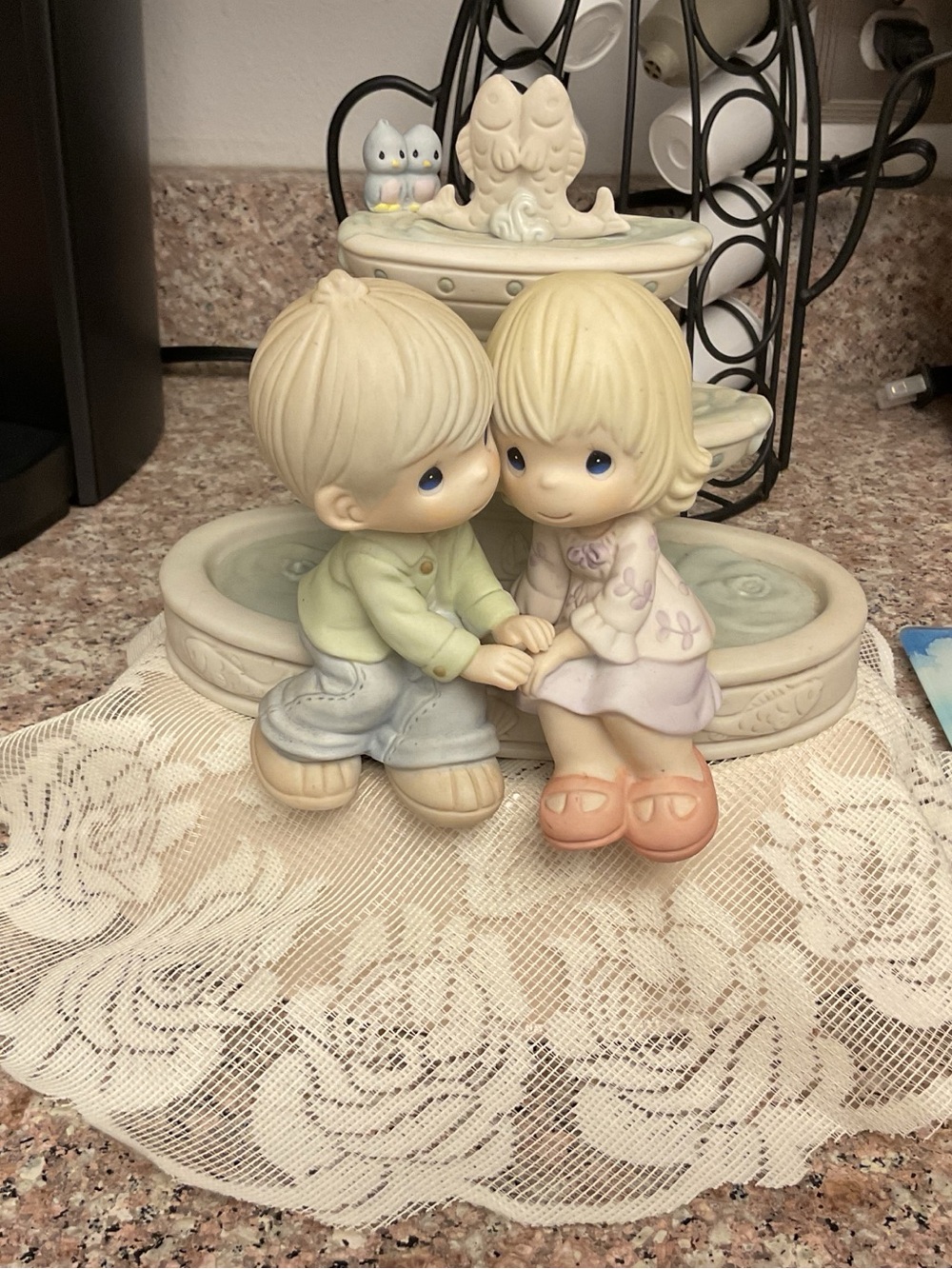 Precious Moments Blonde Boy and Girl Figurine in Cream, Pastel Green & Peach